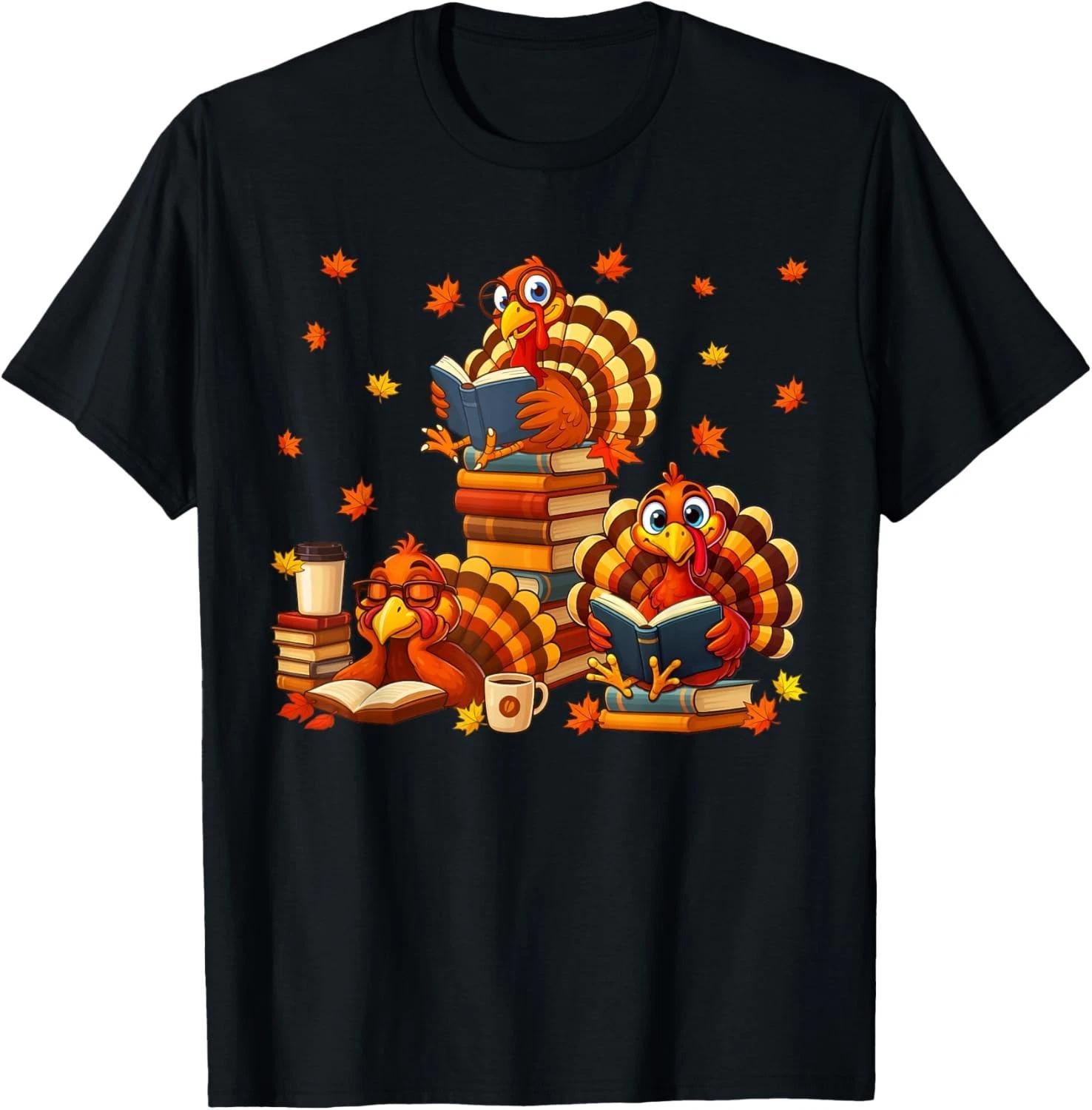 Funny Turkey Read Books Reading Fall Thanksgiving Teacher T-Shirt unisex T-Shirt 3XL