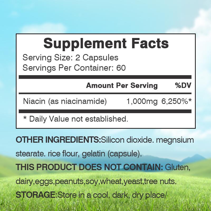 XEMENRY Niacinamide Vitamin B3, 1000 Mg Per Serving, Beneficial for Heart Health, Brain Function, and Revitalizing Skin.