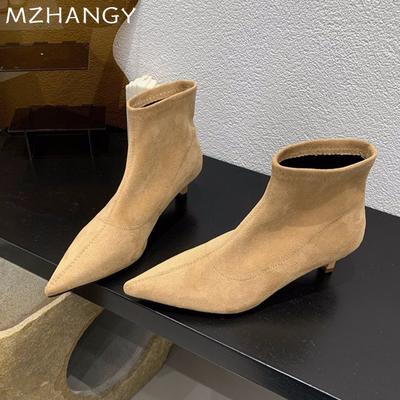 Damen Wildleder Spitzschuh Stiefeletten Elegant Mittelhoch Stilettos Schuhe Frau 2025 Trend Winter Neu Goth Chelsea Boots Mujer Botas