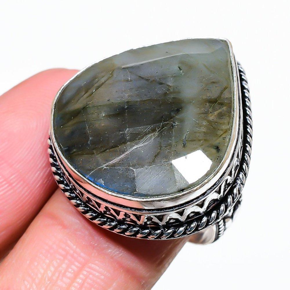 Natural Labradorite Gemstone Handmade 925 Sterling Silver Ring Size 10 H7G95