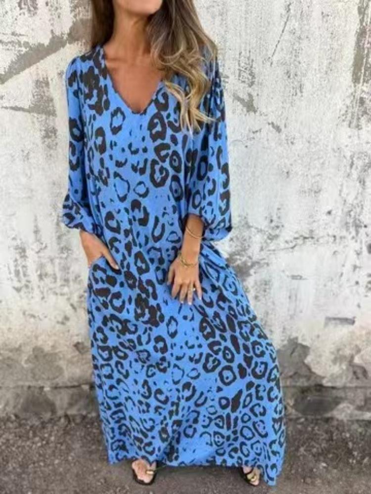 Women's Long Sleeve V-Neck Loose Fit Leopard Print Maxi Dress with Pockets, Multiple Colors & Patterns