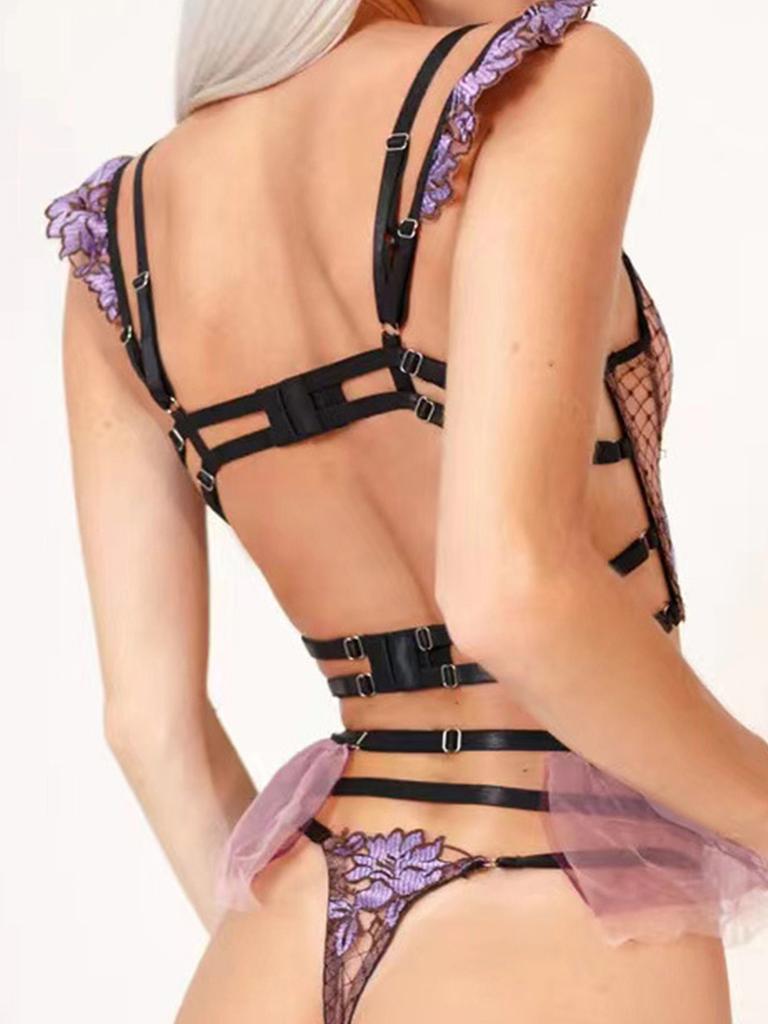 Adult Four-Piece Lingerie Set See-Through Purple Lace Lace-Up Embroidered Mesh Jumpsuit And Matching Accessories