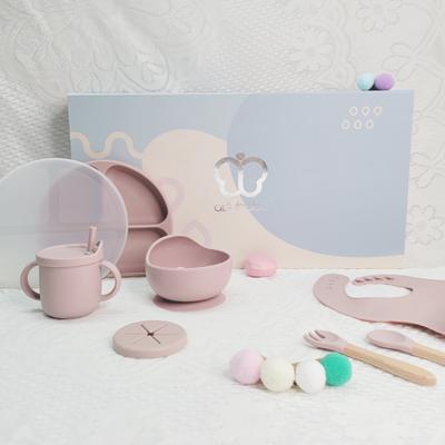 Silicone Baby Tableware Baby Gift Set, Pink, Plate+bowl+spoon+fork+cup+bib, Popular Korean Parenting Products