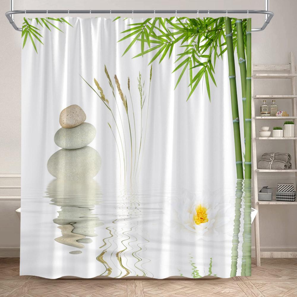 Rideaux de douche Zen Bambou Vert Orchidée Pourpre Lotus Papillon Paysage Spa Accrochage Mural Domestique Tissu Rideau de Salle de Bain Décoratif