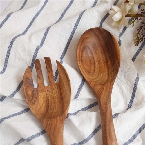 Set of 2 Wooden Salad Servers, Acacia Stirring Spoons, 10-inch, Wooden Utensils for Salad Serving