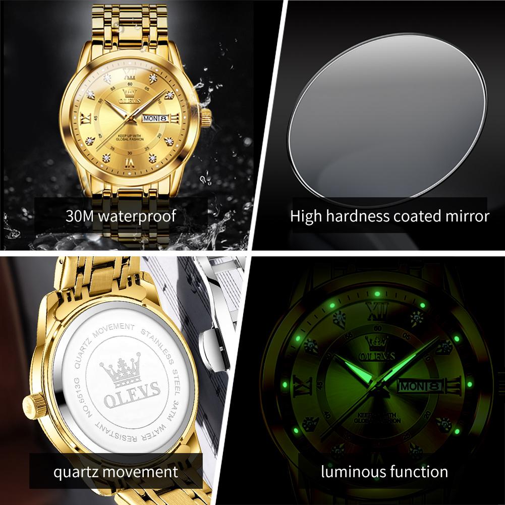 OLEVS 5513 Top Brand Quartz Watch Steel Strap Waterproof Luminous Calendar Week Wristwatch Elegant Luxury Original Men's Watches