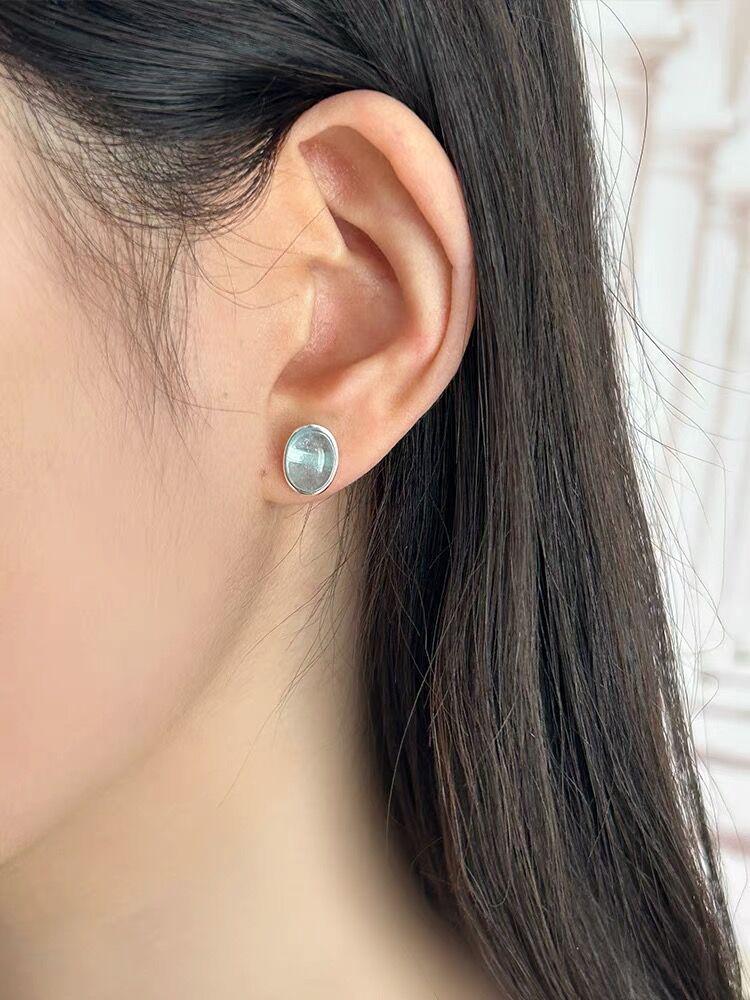 Boucles d'oreilles Clous Ovales Aigue-marine en Argent Sterling S925 pour Femmes - Style Élégant, Polyvalent et Cool.