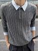 Men's Winter Cable Knit Sweater with Polo Collar - Old Money Style, Patchwork, and Stripes