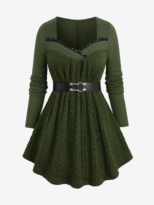 Rosegal Plus Size Rhinestone Lace Trim Ruffles Belt Cable Knit Ribbed Textured Sweater