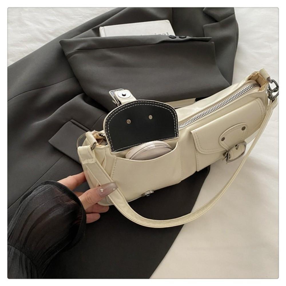 Fashion Double Pocket Shoulder Bag Glossy PU Leather Top Handle Bag Zipper Solid Color Underarm Bag Women