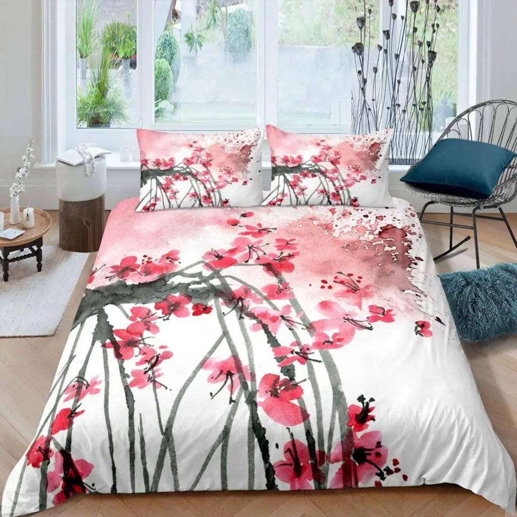 Plum Blossom Duvet Cover Set Red Flower Floral Comforter Cover For Girls Teens Microfiber Butterfly Branches Printed Bedding Set