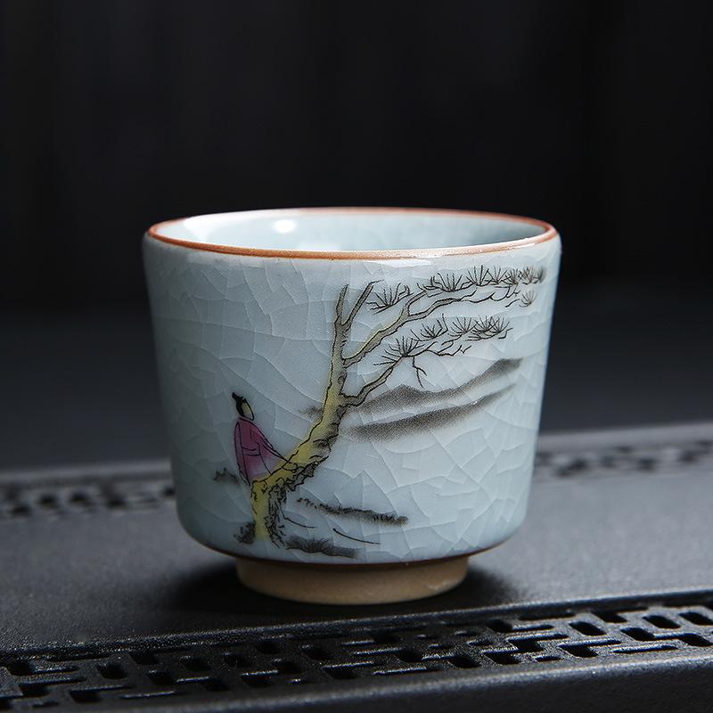 Tea Cup Ceramic Tasting Cup Hand-painted Ru Kiln Crackle Glaze Nurturing Pu'er Kung Fu Single Cup Retro Master Cup with PrintLOG