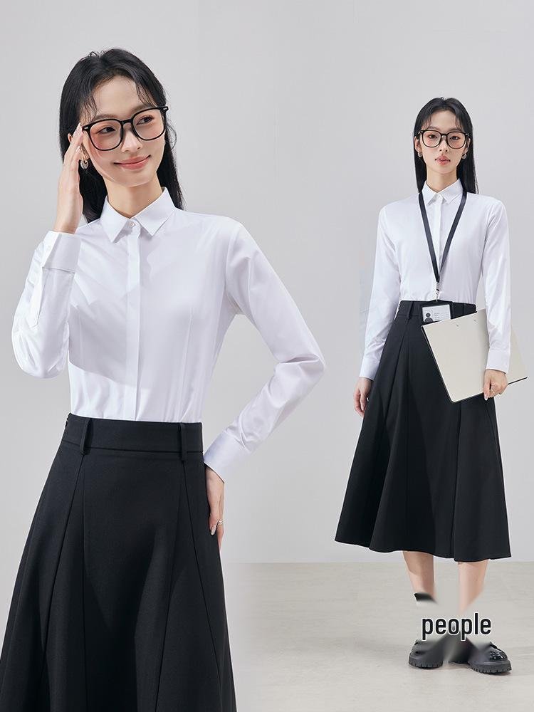 Women's Blue Long-Sleeve Professional Shirt - Solid Color, Ideal for Spring/Autumn Office and Interview Wear