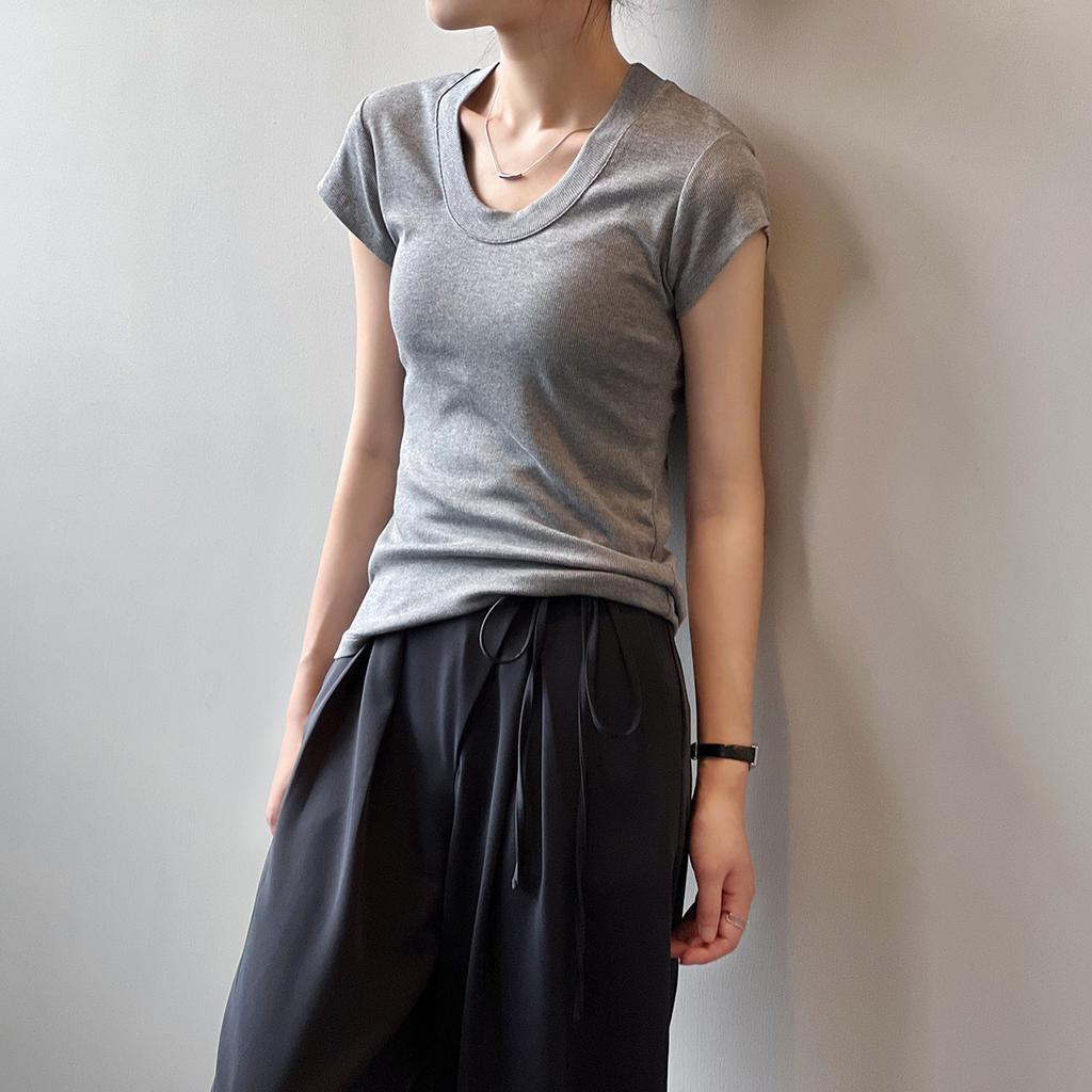 Solid Colour T-shirt Women 2024 Summer Simple U Neck Slim Stretch Body Shirt Tops