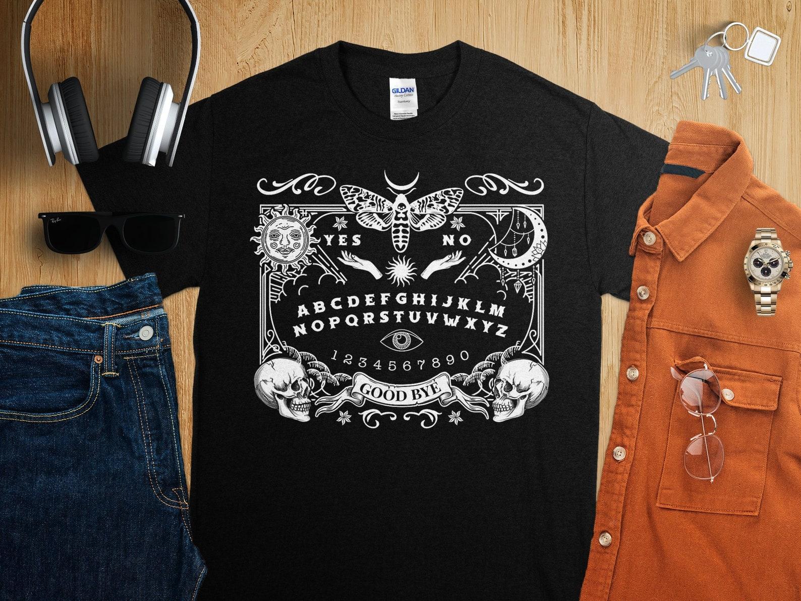 Ouija Spirit Board Gothic Shirt, Witchcraft Occult Halloween Rib T-Shirt, ouija board shirt, witch wicca halloween costume S
