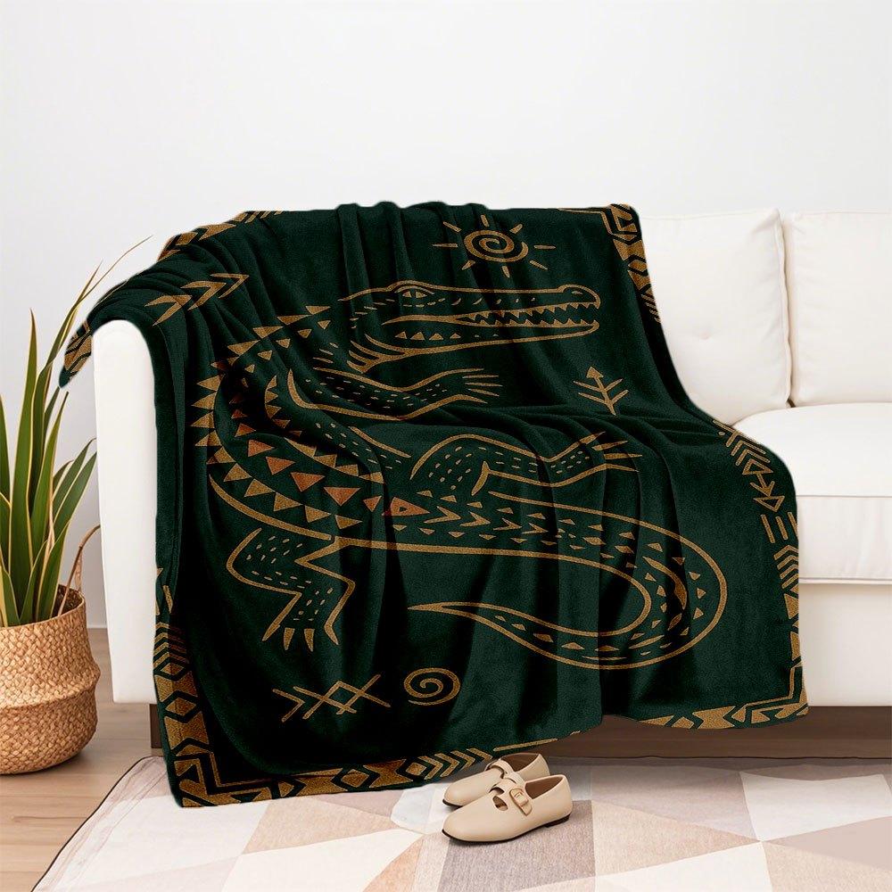 Golden Crocodile Rug with Ethnic Patterns - Unique Home DecorBlanket Flannel Throw Blanket for Sofa, Bed, Travel, Camping, Office, Couch, Ch