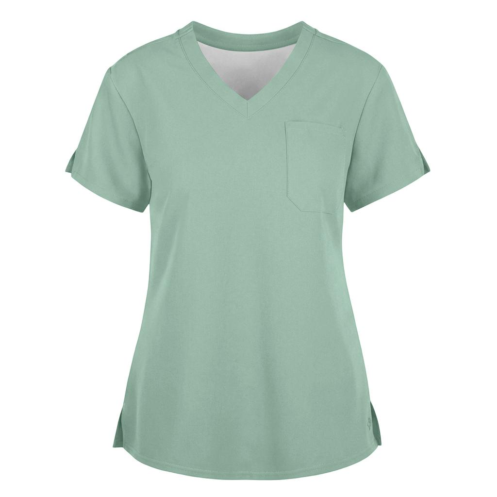 Women's Fashionable Loose-Fit Short-Sleeve V-Neck Workwear Blouse With Slit And Pockets