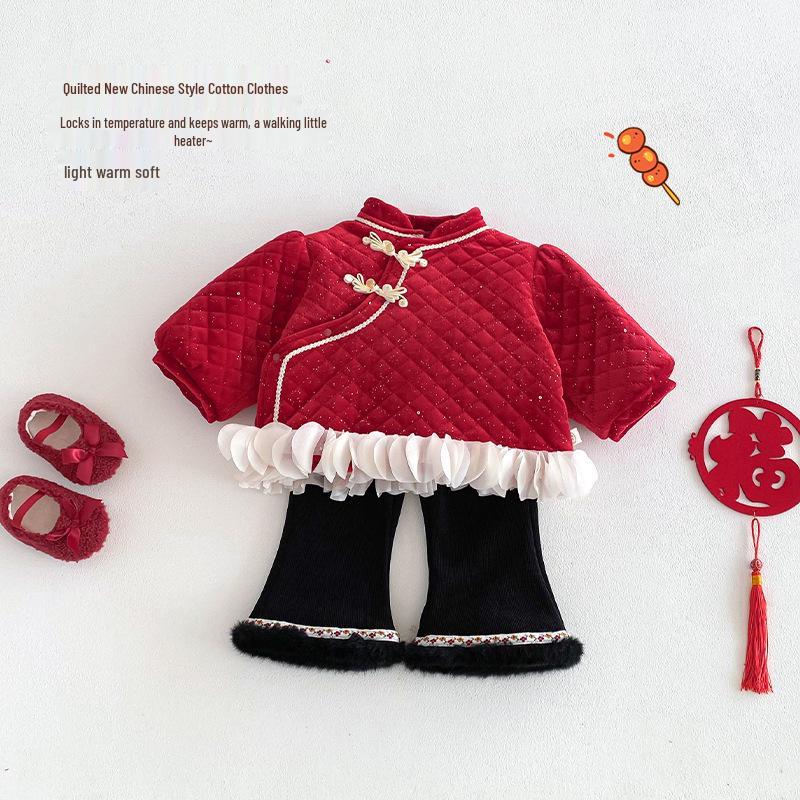 Girls' 2025 Winter Quilted Chinese New Year Retro Slanted Collar Cotton Jacket
