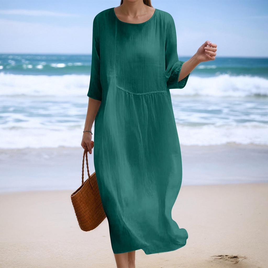 Damen Modisches Einfarbiges Rundhals Siebenviertelarm Lockeres Kleid