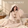 Women Coral Fleece Bathrobe Hooded Flannel Robe Set Thick Warm Loungewear Fall Winter