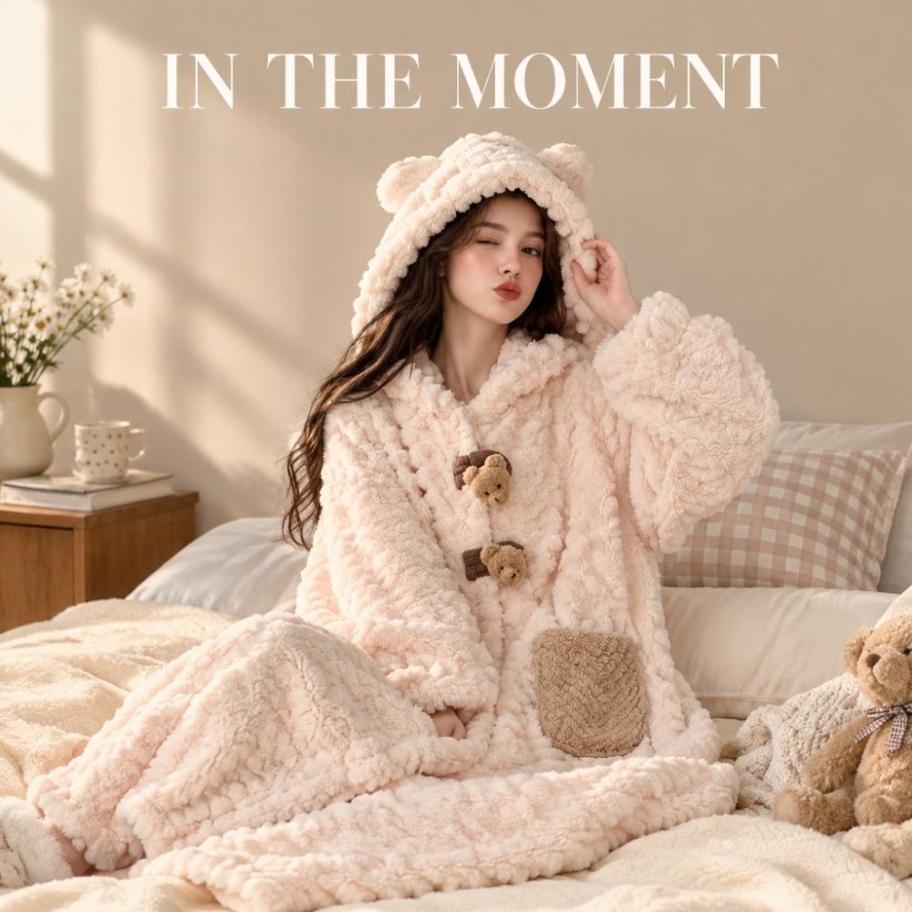 Women Coral Fleece Bathrobe Hooded Flannel Robe Set Thick Warm Loungewear Fall Winter