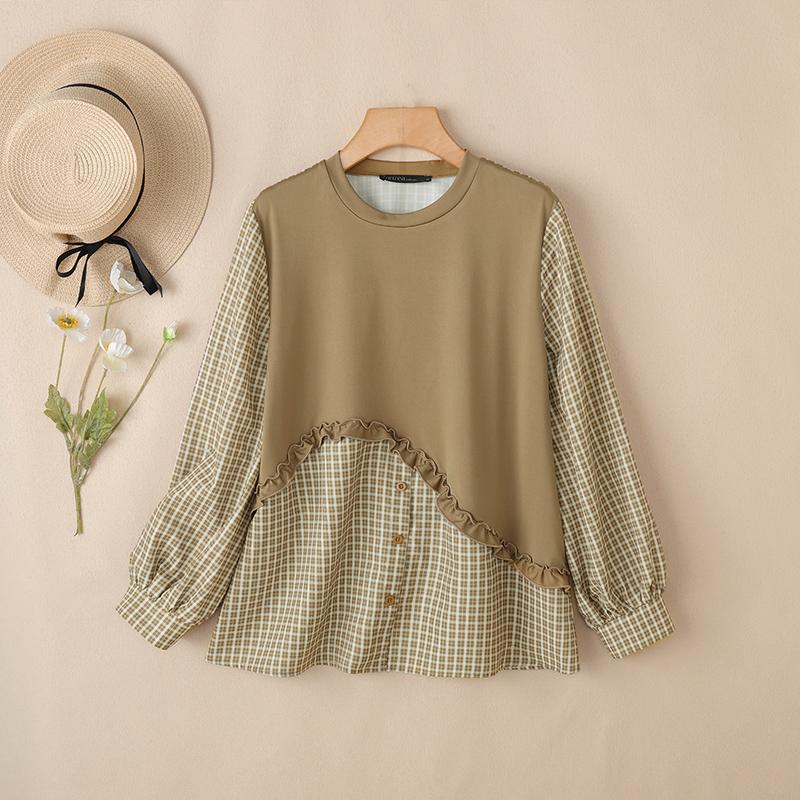 

ZANZEA Женская повседневная блузка с круглым вырезом, длинным рукавом, в клетку, с лоскутным кроем, свободного кроя 5XL хаки