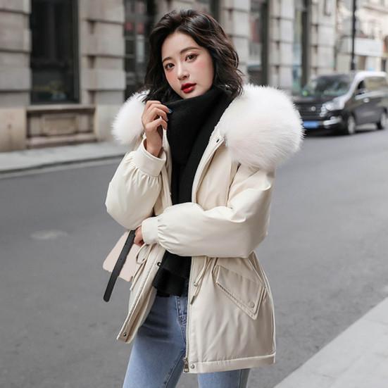 Women Padded Jacket Thickened Plush Lined Coat with Drawstring Waist Winter Warm Puffer