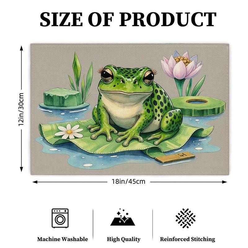 4/6pcs Rectangular Placemats - 18X12 Inches, Lily Pad with Frogs And Lotus Cartoon 2D Element Pattern Design, Easy-Clean Table Mat, Durable Heat-Resis