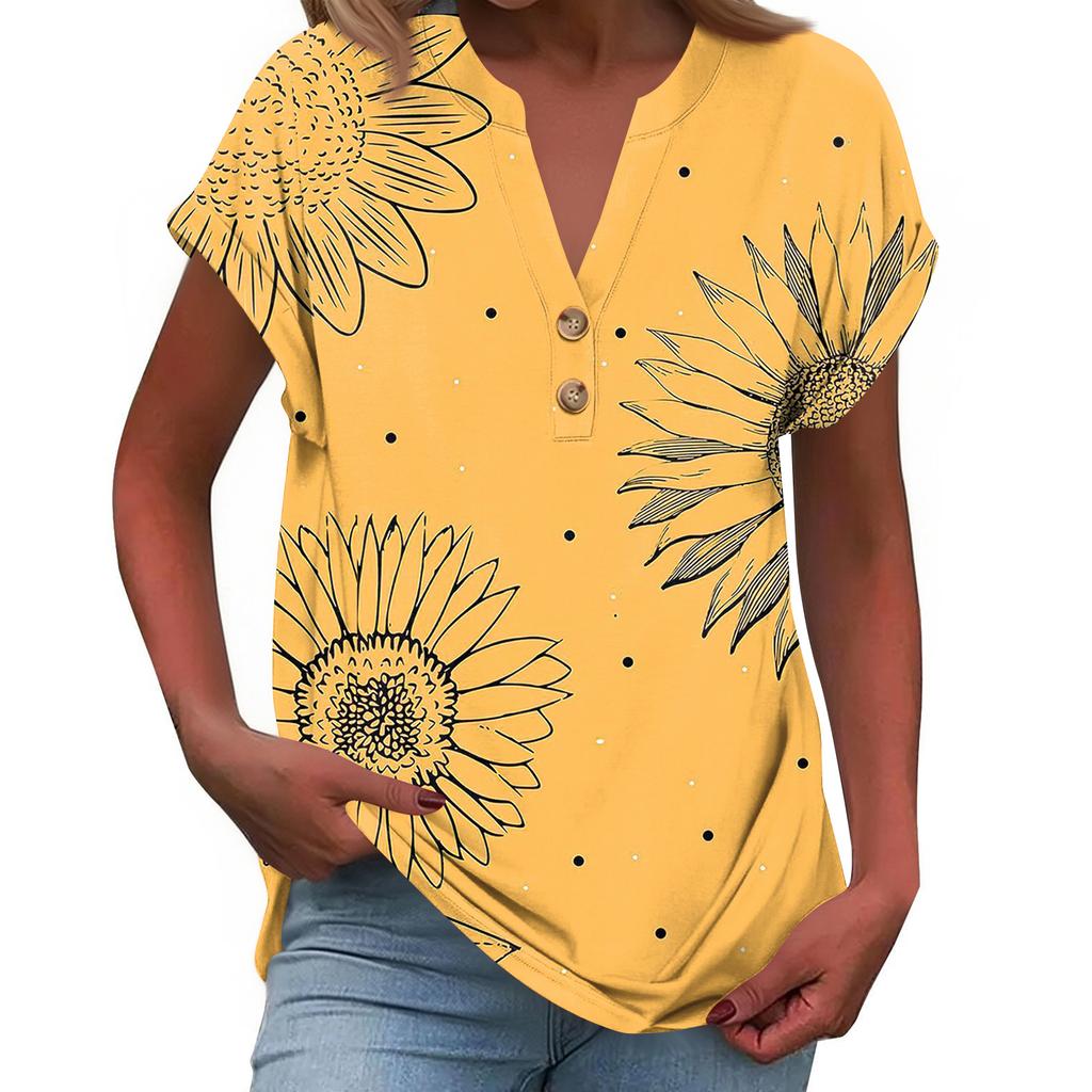 Modieuze Casual Losvallende Dames T-shirt Top met Korte Mouwen, Knopen en V-hals, Bedrukt