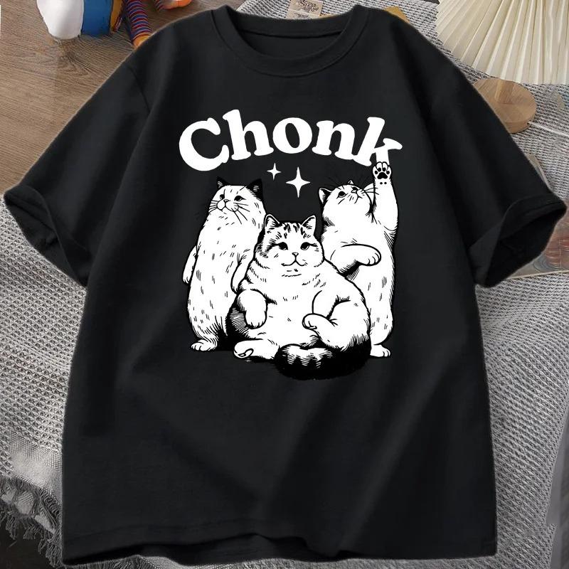 Funny Chonk Cat TShirt for Women Cute Fat Cat Tee Shirt Minimalist Graphic Tee Pet Owners Cat Lovers Tshirt Clothing Y2K