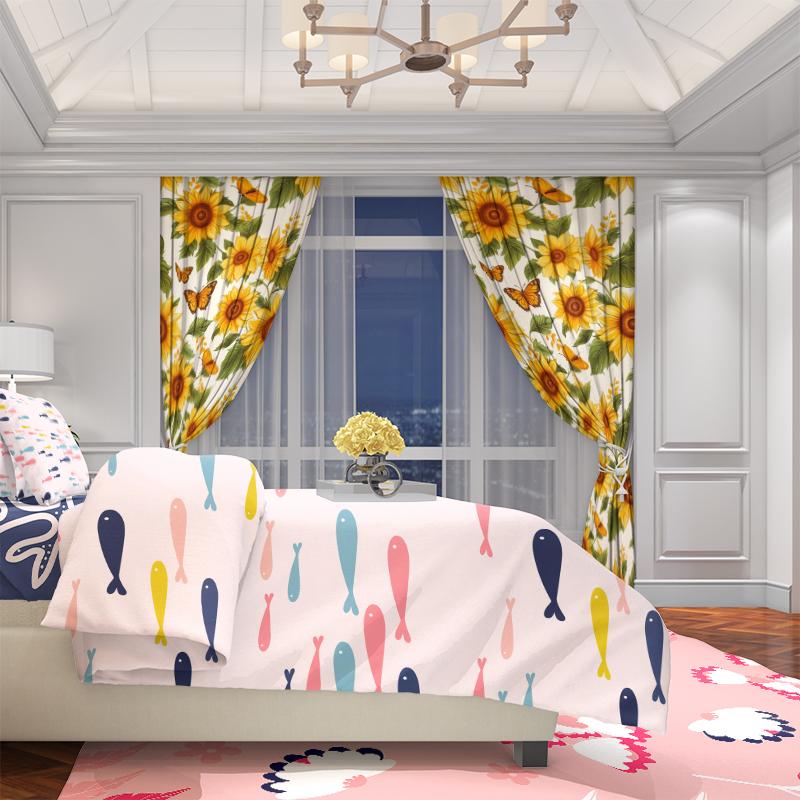 Set Of 2 Yellow Sunflower Butterfly Print Filter Curtain Digital Printing Suitable Living Room Bedroom Home Decoration For Area Made Polyester