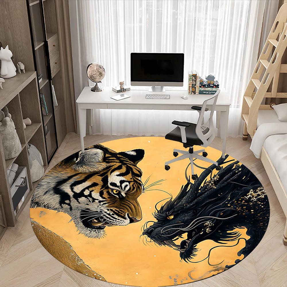 1pc Tiger Dragon Art Print Carpet, Round Non Slip Durable Large Size Office Carpet, Suitable for Office