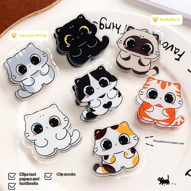 7Pcs Cute Cartoon Cat Pp Clip Acrylic Double-Sided High-Definition Pattern Paper Clip Stationery Supplies