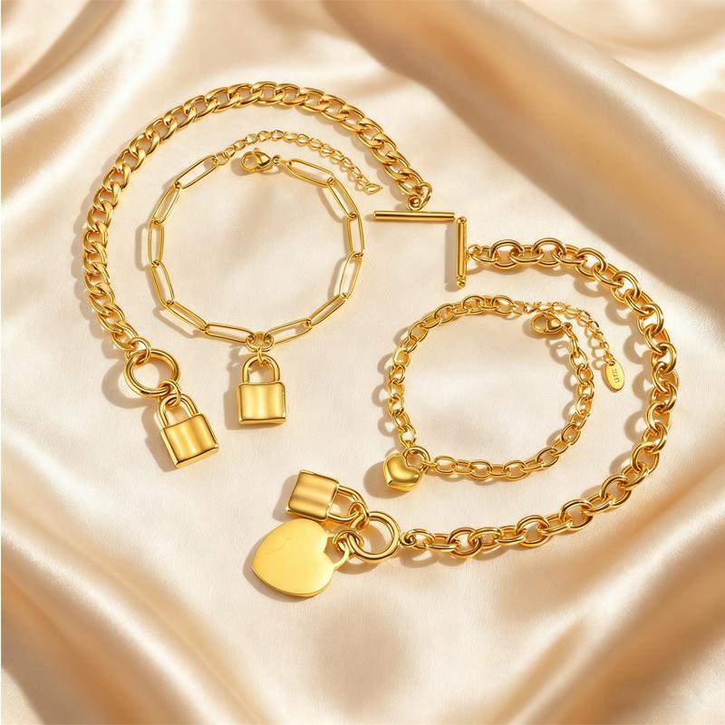 Exquisite Fashion Heart Lock Charm Bracelet, Gold Plated Stainless Steel OT Buckle Bracelet for Women, Waterproof Trendy Jewelry