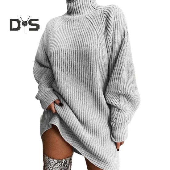 Women Sweater Dress Stylish Elegant Loose Fit Warm High Collar Long Sleeved Pullover Sweater for Autumn Winter