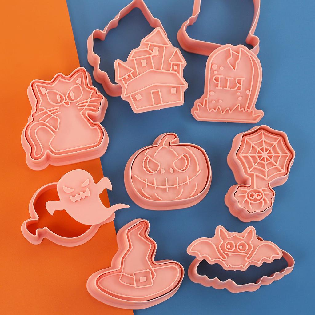 Halloween Cookie Cutters Set of 8 Pcs Witch Owl Spidder Bat Design Cookie Stamps Plastic Pumpkin Halloween Biscuit Molds 1