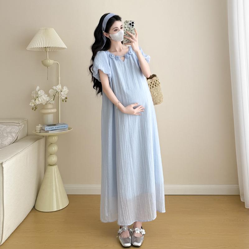 Summer 2026 Korean-Style Maternity Dress – Gentle Puff Sleeves, Flattering Fit Large
