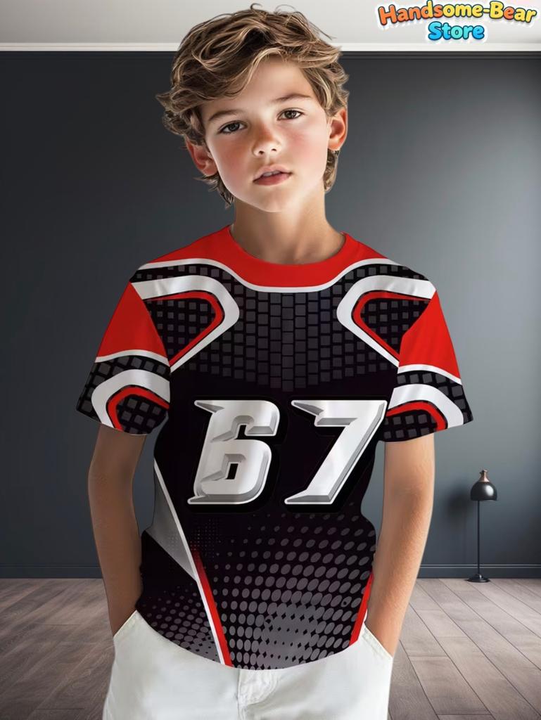 T-shirt Meme 67 pour Enfants Drôle Impression Numérique 3D Numéro 67 Maillot de Football T-shirt Style Maillot Lâche Mode Vêtements pour Enfants