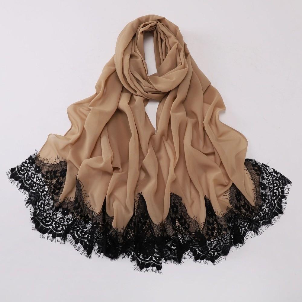 Pearl Chiffon Lace Edge Scarf Eyelash Black Lace Islamic Shawl Wrap Soft Long Hijab  Daily Wear