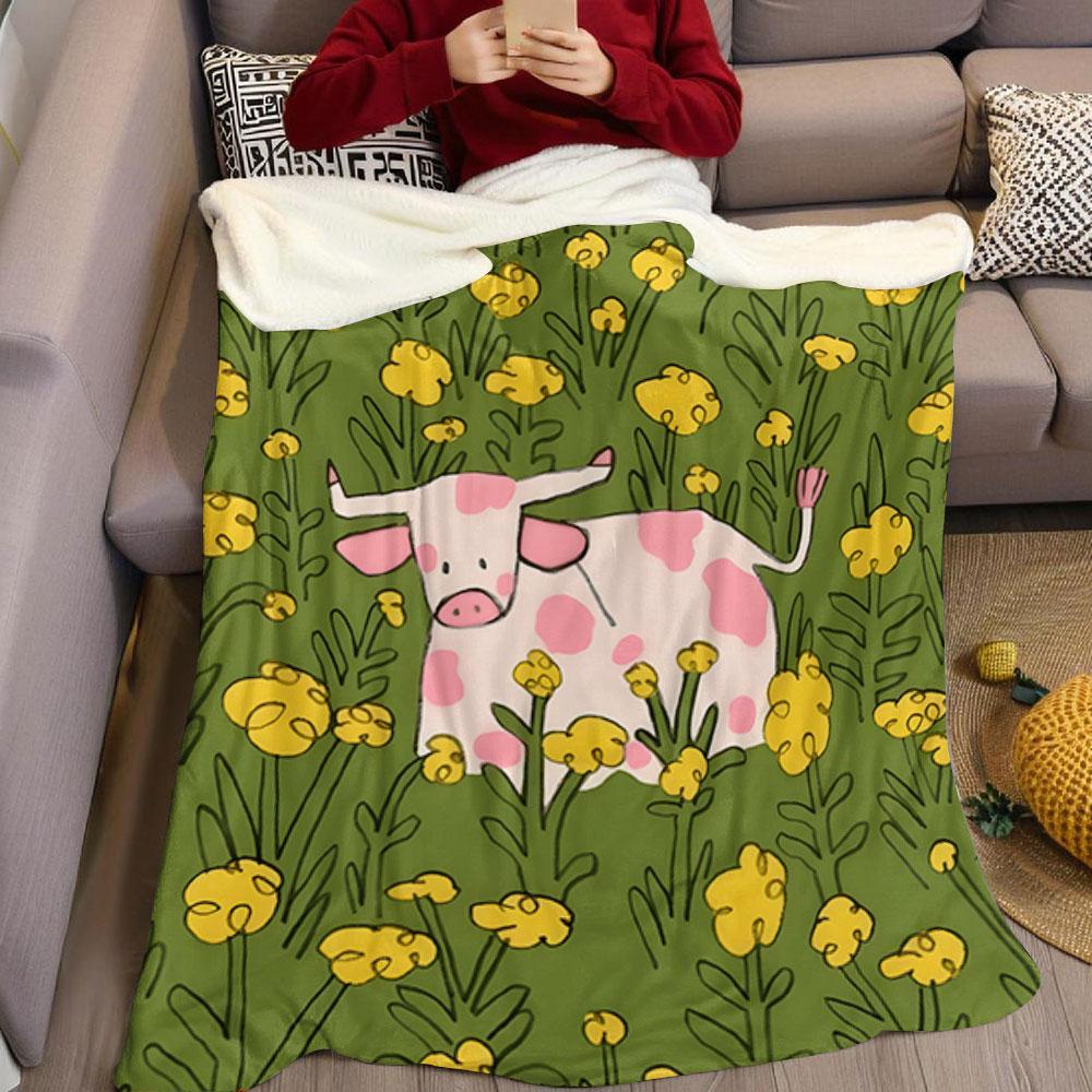 Cartoon Cow In Floral Field Flannel Blanket Warm Soft Halloween Christmas Couch Warm Cozy Decorative Decor Gift for All Season