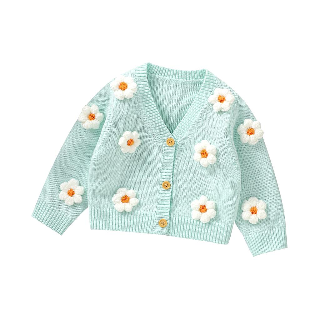 Sweet Long Sleeve V-neck Single Breasted Baby Girls Spring & Fall Coat Knitted Acrylic Babies Cardigan For 6-36 Months Newborn