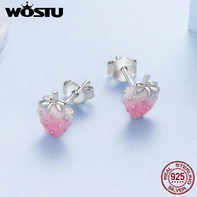 WOSTU 925 Sterling Silver Mini Pink Strawberry Stud Earrings Girl Daughter Jewelry Fruit Cherry Strawberry Studs Party Birthday