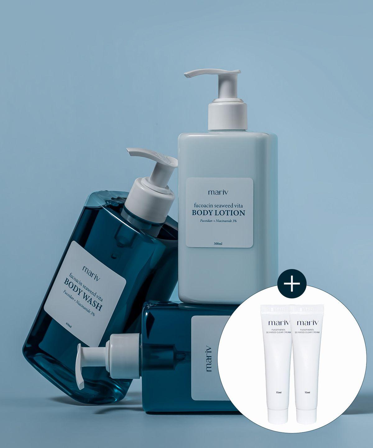 Fucoacin Seaweed Vita Body Wash 2-Pack + Body Lotion 1-Pack Set [+ Free Gift: 2 x 15ml Seaweed Creams]