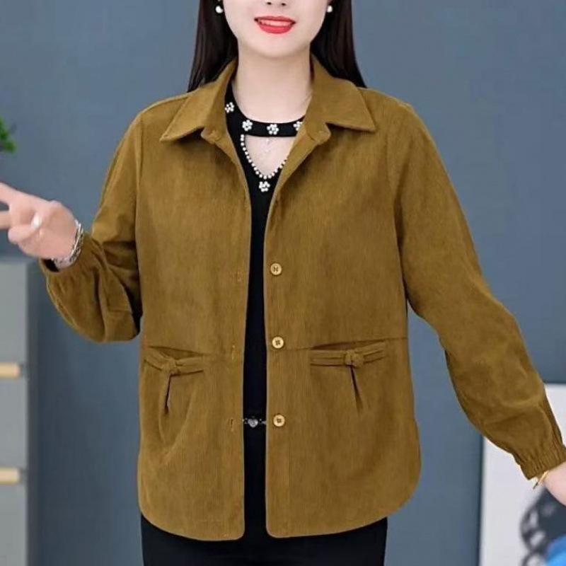 Chinese Women's Corduroy Jacket Casual Top New Middle-aged and Elderly Loose Long-sleeved Spring Coat