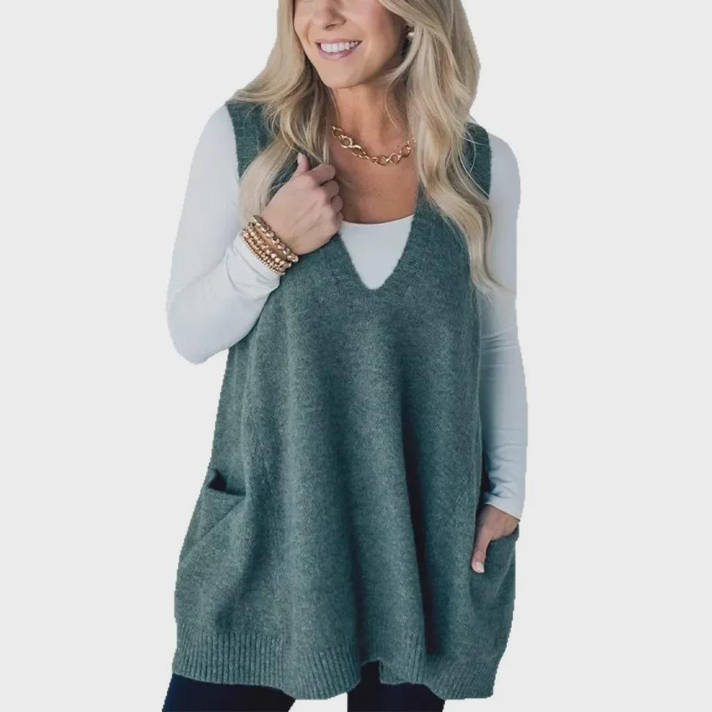 Herbst/Winter Einfarbiger V-Ausschnitt Taschen Strickweste Pullover 2025