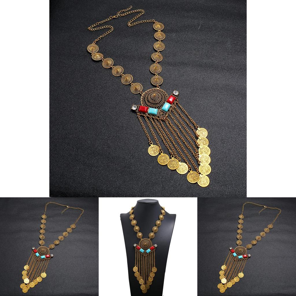 Multilayer Retro Women Coin Long Pendant Necklace With Alloy Chain Waterfall
