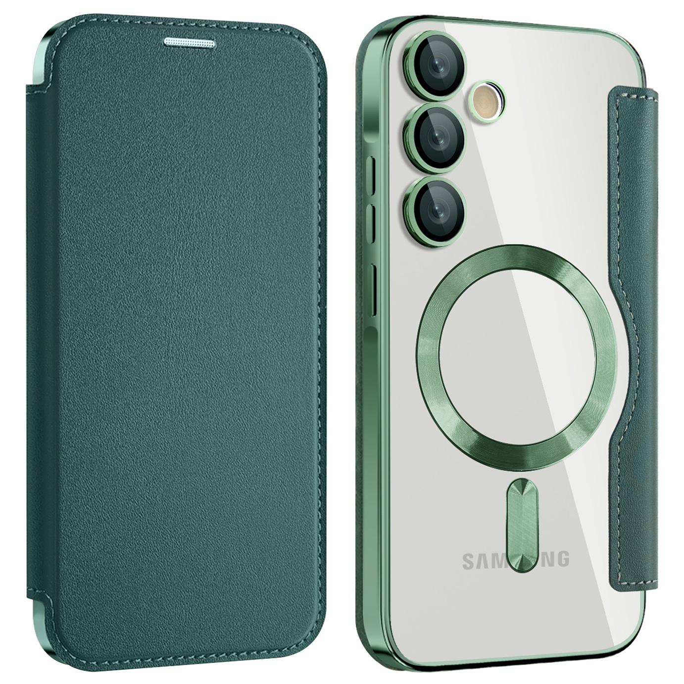 

Для Samsung Galaxy A35 5G чехол гальванопокрытие RFID блокировка слотов для карт магнитный чехол для телефона Blackish Green
