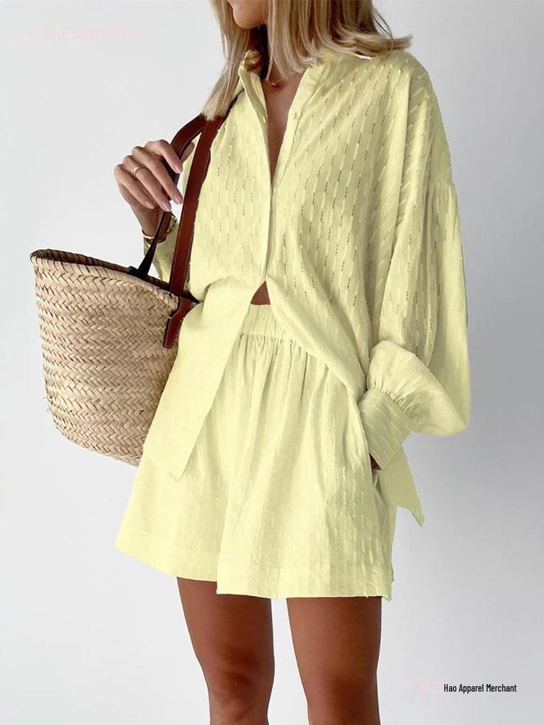 2026 Autumn Women's European-American Style Jacquard Puff Sleeve Shirt and Shorts Casual Set