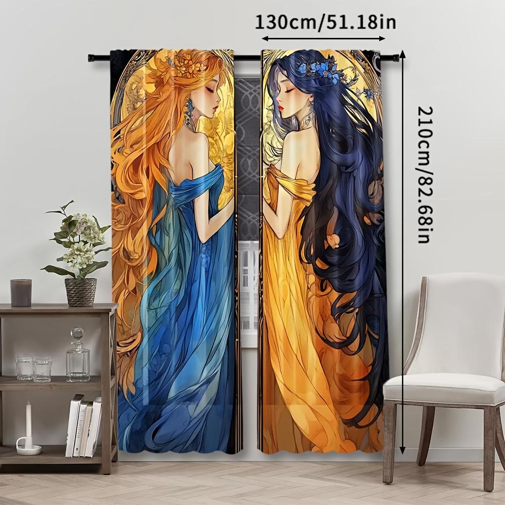 2pcs   Sun And Moon Printed Curtain for Home Decor Rod Pocket Window for Bedroom   Office   Kitchen   Living Room   And Study