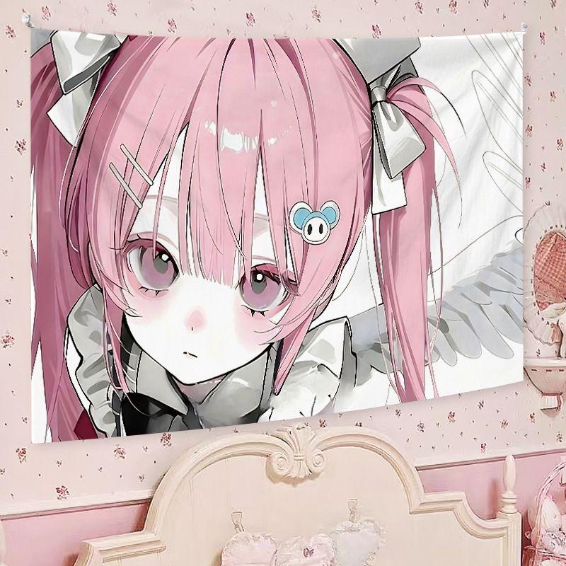Cute Anime Maiden Makaron Aesthetic Tapestry Soft Cartoon Wall Hanging Bedroom Dorm Home Decor